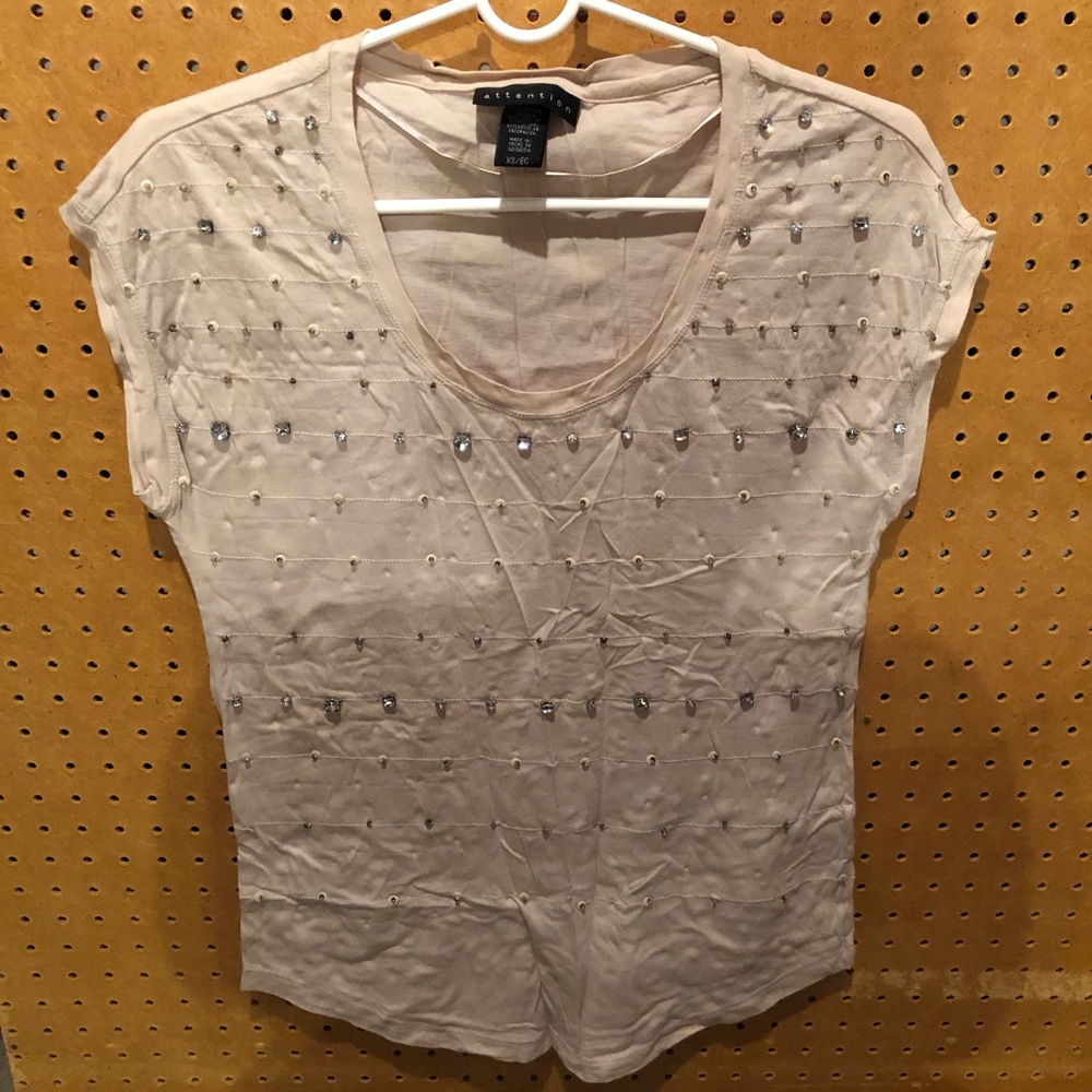 Attention Tan Beige Beaded Rhinestone Shirt Top